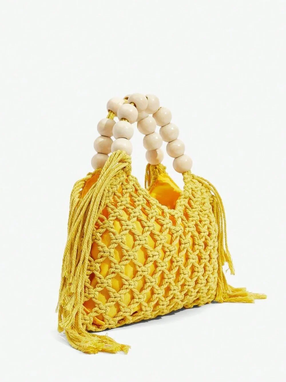 Yellow Vacation Women's Woven Crochet Wood Bead Tote Handbag